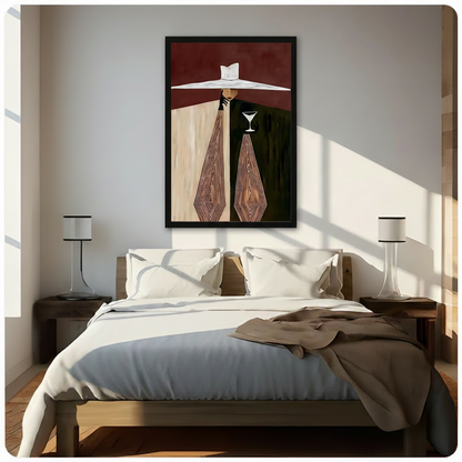 Art Deco elegant woman canvas wall art in black float frame above wooden bed with white bedding and linen throw, flanked by two white cylinder table lamps, natural sunlight casting diagonal shadows