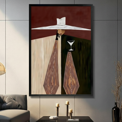 Art Deco elegant woman in wide-brim white hat holding martini glass, black float frame canvas on gray panel wall above dark console table with gold candlesticks and gray sofa
