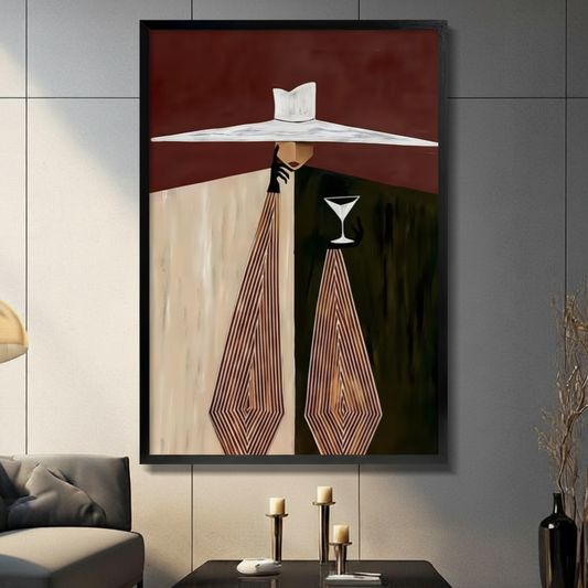 Art Deco elegant woman in wide-brim white hat holding martini glass, black float frame canvas on gray panel wall above dark console table with gold candlesticks and gray sofa
