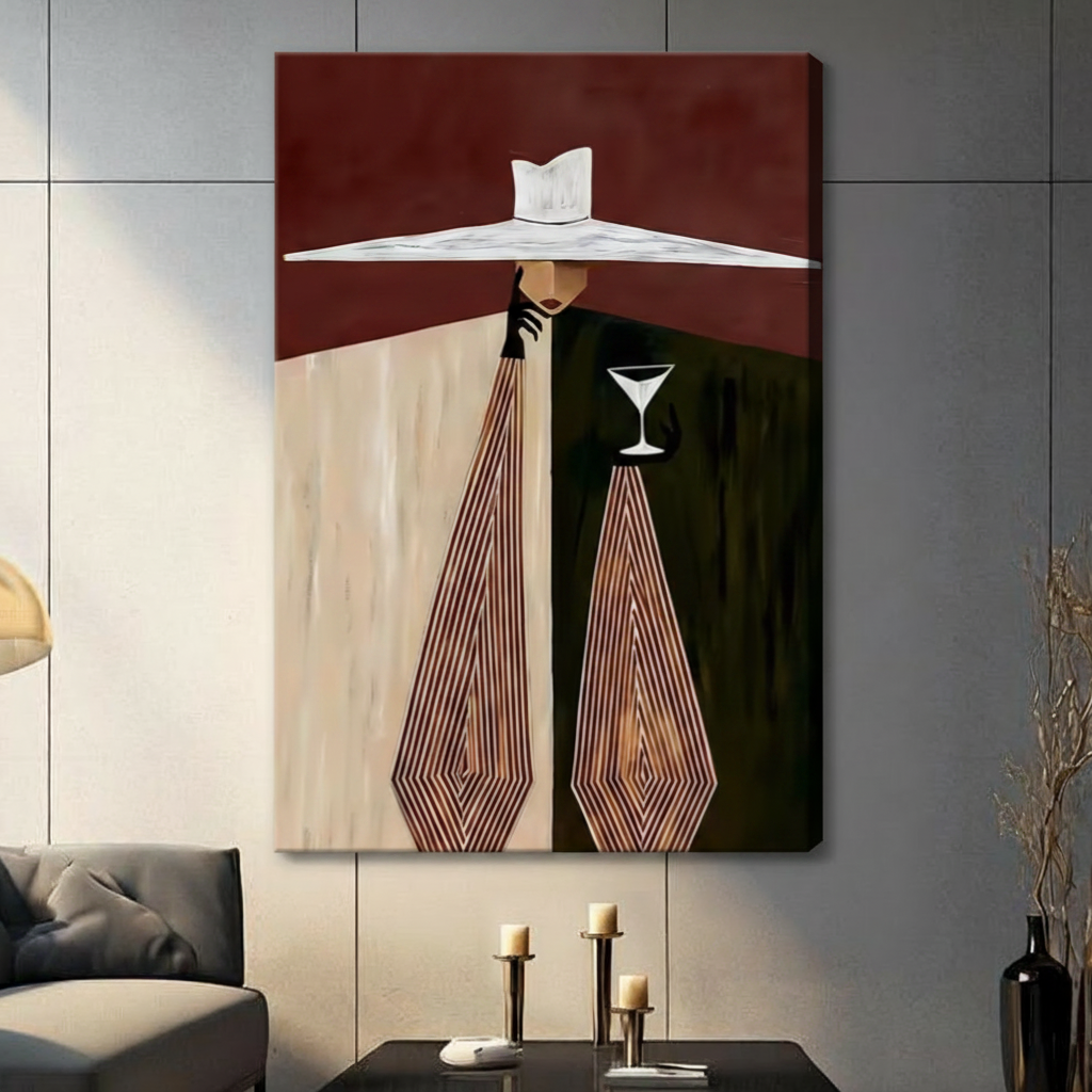 Art Deco geometric fashion figure canvas, frameless gallery wrap stretched canvas on gray panel wall above dark console table with candlesticks, burgundy beige diamond pattern visible with wrap edge
