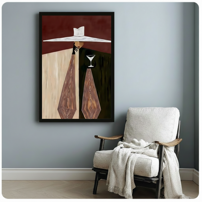 Art Deco woman in white wide-brim hat with martini glass, black framed canvas art on soft blue-gray wall beside white linen armchair with draped throw blanket