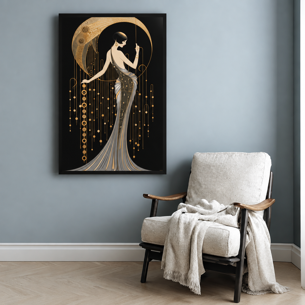 Art deco woman moon canvas wall art above a white armchair, showing a graceful figure with flowing gold accents