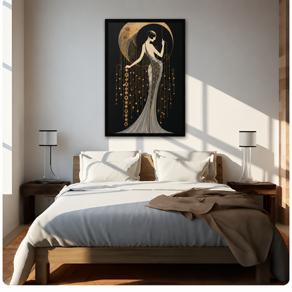  Art deco woman moon canvas wall art above a bed, depicting an elegant woman beneath a luminous crescent moon
