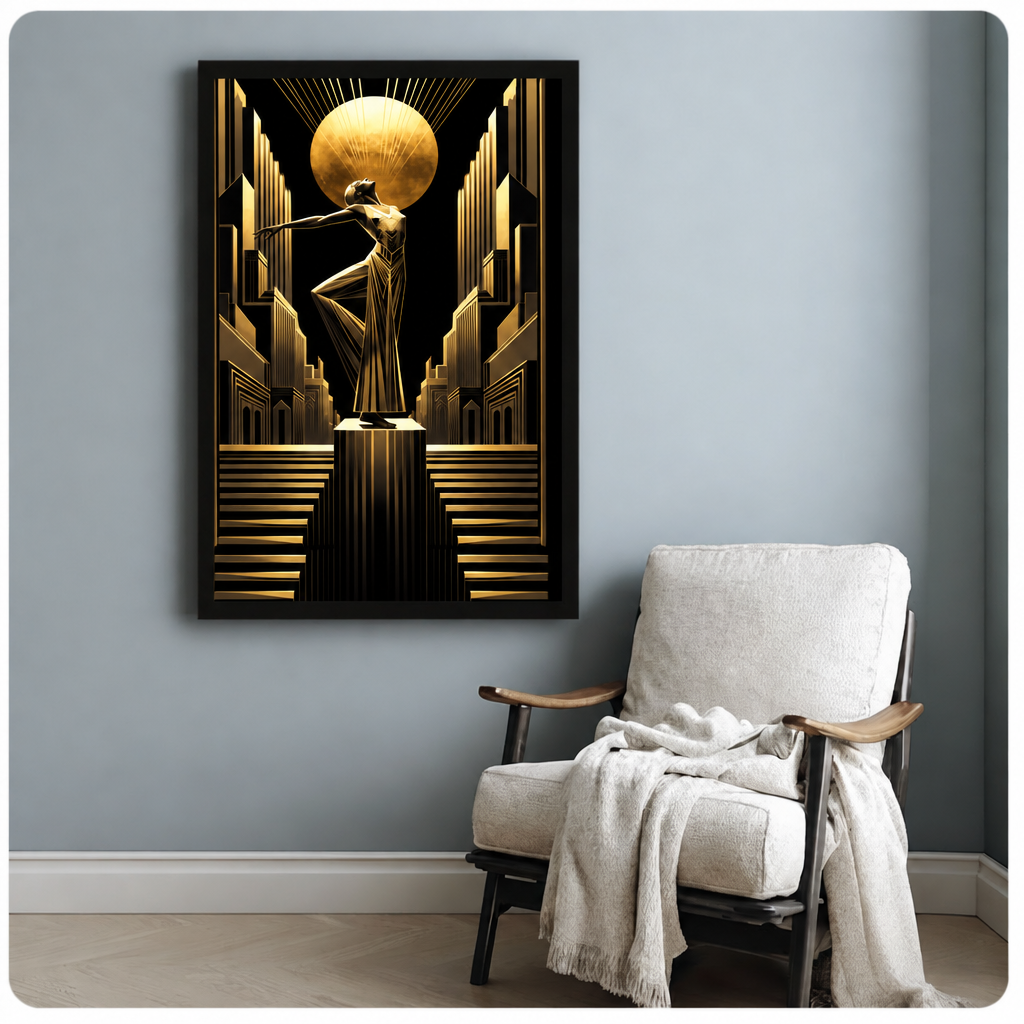 Art deco woman sun canvas wall art above a white armchair, featuring a dancer in a black and gold city scene