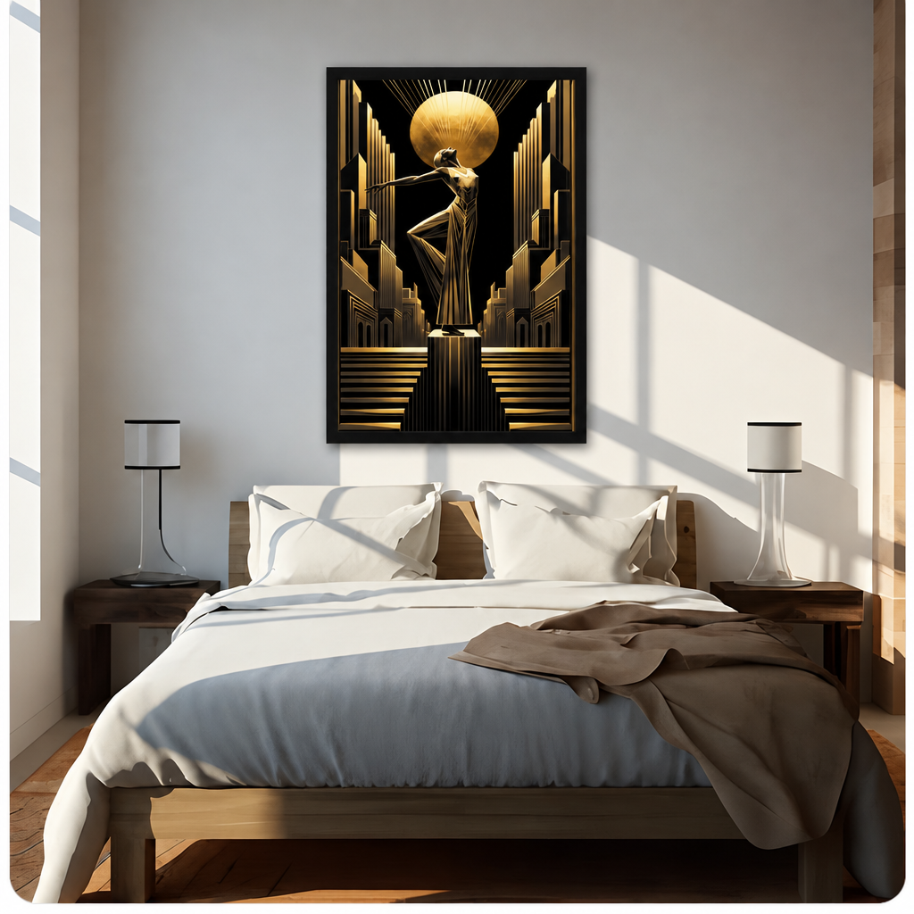 Art deco woman sun canvas wall art above a bed, depicting a graceful dancer surrounded by golden geometric architecture