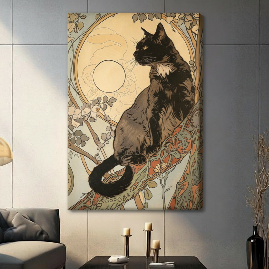 Vintage Art Nouveau style black cat perched on branch gazing sideways with glowing full moon and intricate orange red botanical vine pattern canvas wall art print hanging in a contemporary living room with dark gray tiled wall