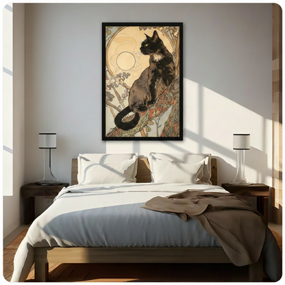 Art Nouveau black cat on branch with glowing moon and ornate floral vine pattern in cream and terracotta tones framed wall art print hanging above a modern bedroom bed with white linen bedding, dark wood nightstands, and minimalist white table lamps