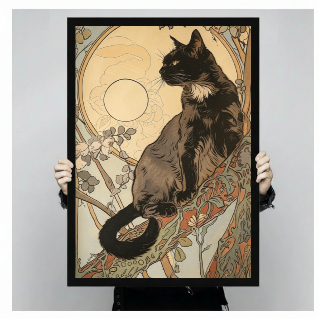 Art Nouveau black cat seated on branch with full moon circle and decorative orange botanical vine border Mucha-style vintage illustration framed wall art print held up for size reference against a light gray neutral background