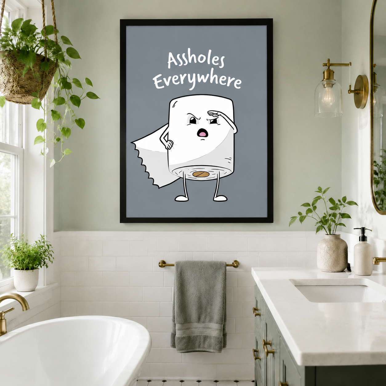 Framed Assholes Everywhere funny toilet paper wall art displayed in a bright boho-style bathroom with hanging plants, white subway tiles, and brass fixtures above a freestanding bathtub