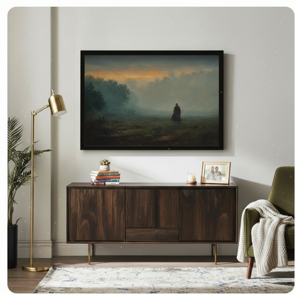 Framed moody landscape wall art print above a dark walnut sideboard in a bright living room, featuring a lone figure in fog with teal trees and golden amber horizon