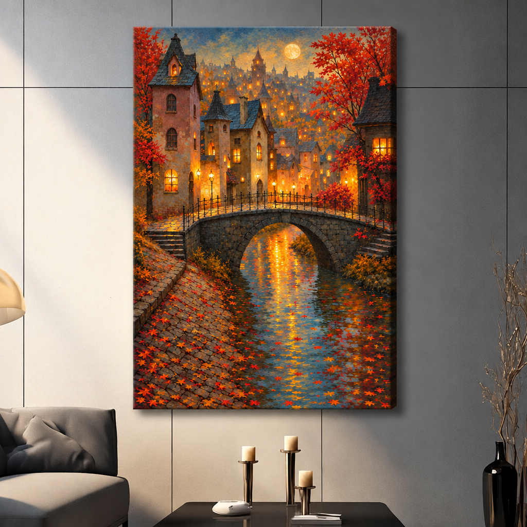 Oil painting of a stone arch bridge over a glowing canal in an autumn village with red maple leaves lanterns and a full moon wall art stretched canvas dark panel wall living room