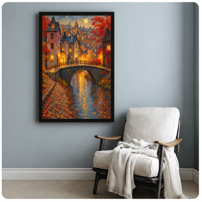 Oil painting of a stone arch bridge over a glowing canal in an autumn village with red maple leaves lanterns and a full moon wall art framed print beside armchair blue-gray wall