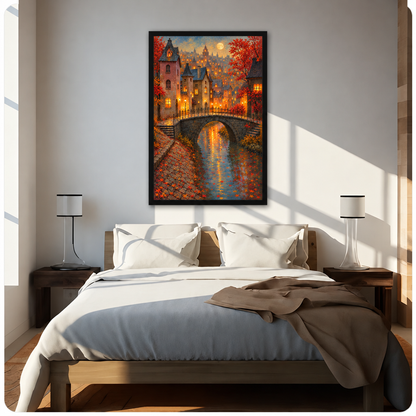 Oil painting of a stone arch bridge over a glowing canal in an autumn village with red maple leaves lanterns and a full moon wall art framed print above bed sunlit bedroom