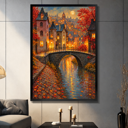 Oil painting of a stone arch bridge over a glowing canal in an autumn village with red maple leaves lanterns and a full moon wall art framed print dark panel wall living room