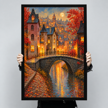 Oil painting of a stone arch bridge over a glowing canal in an autumn village with red maple leaves lanterns and a full moon wall art framed print held up