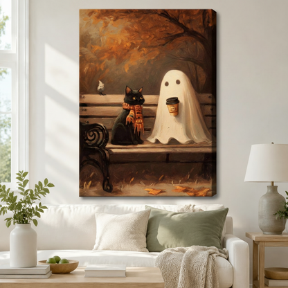 Stretched canvas wall art of a whimsical black cat and ghost sharing a coffee on a wooden park bench under golden autumn foliage, displayed above a white sofa with sage green cushions, potted greenery, and a ceramic table lamp in a bright living room