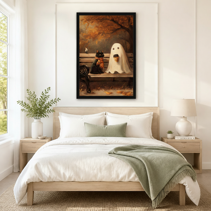 Black framed whimsical Halloween oil painting of a black cat and ghost sitting on an autumn park bench with golden foliage, displayed above a light oak bed with white linen bedding, a sage green throw blanket, wooden nightstands, and a ceramic table lamp in a bright Scandinavian bedroom