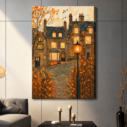 Gothic stone manor with glowing windows cobblestone path pumpkins and autumn foliage by lamplight wall art stretched canvas dark panel wall living room
