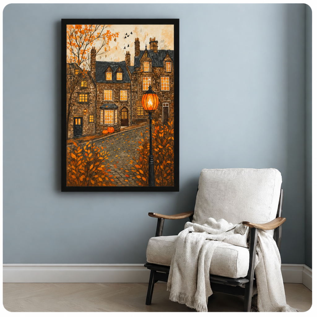 Gothic stone manor with glowing windows cobblestone path pumpkins and autumn foliage by lamplight wall art framed print beside armchair blue-gray wall