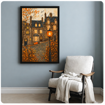 Gothic stone manor with glowing windows cobblestone path pumpkins and autumn foliage by lamplight wall art framed print beside armchair blue-gray wall