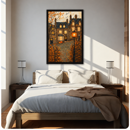 Gothic stone manor with glowing windows cobblestone path pumpkins and autumn foliage by lamplight wall art framed print above bed sunlit bedroom