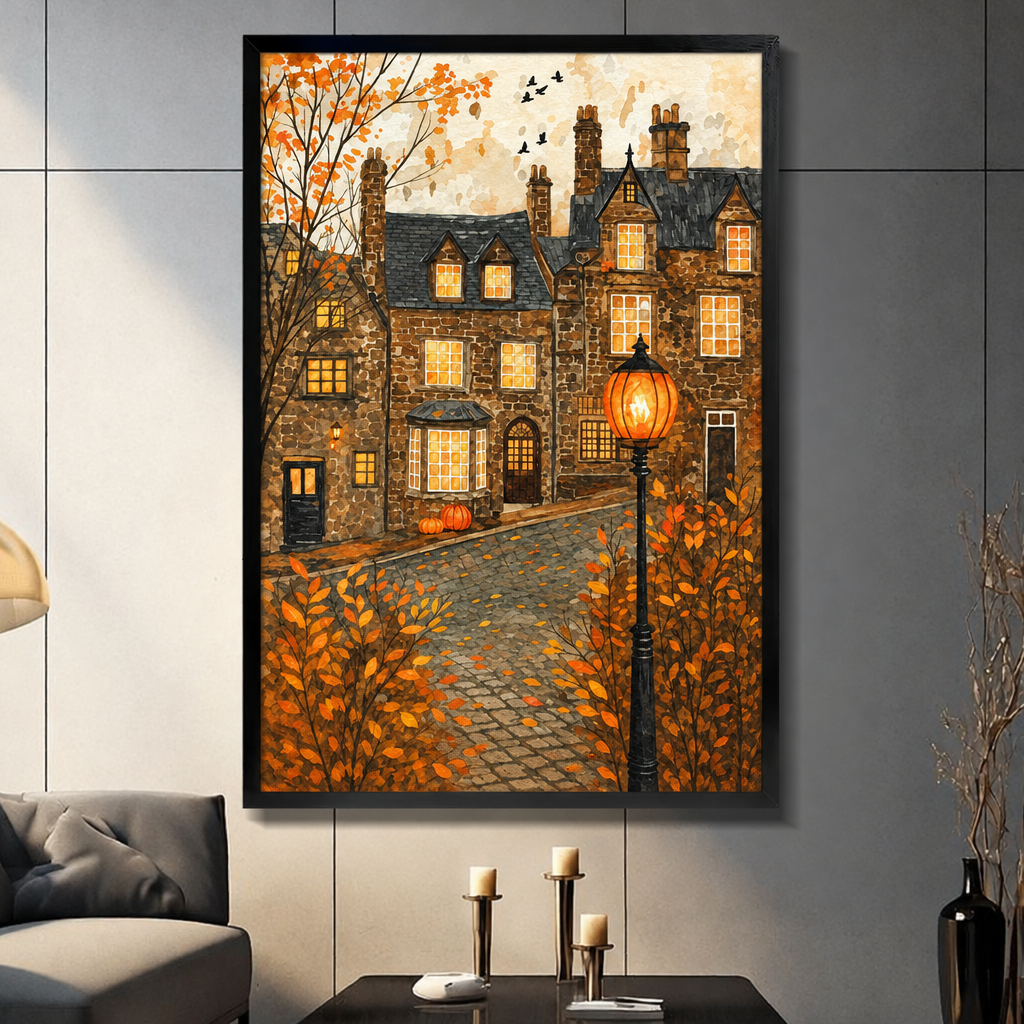 Gothic stone manor with glowing windows cobblestone path pumpkins and autumn foliage by lamplight wall art framed print dark panel wall living room