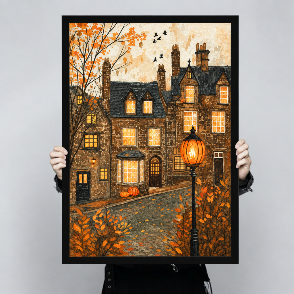 Gothic stone manor with glowing windows cobblestone path pumpkins and autumn foliage by lamplight wall art framed print held up