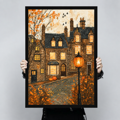 Gothic stone manor with glowing windows cobblestone path pumpkins and autumn foliage by lamplight wall art framed print held up