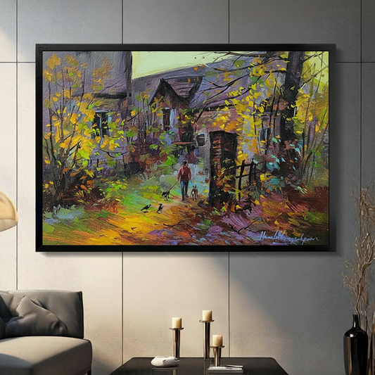  Colorful autumn village path framed wall art displayed above a bed in a neutral bedroom