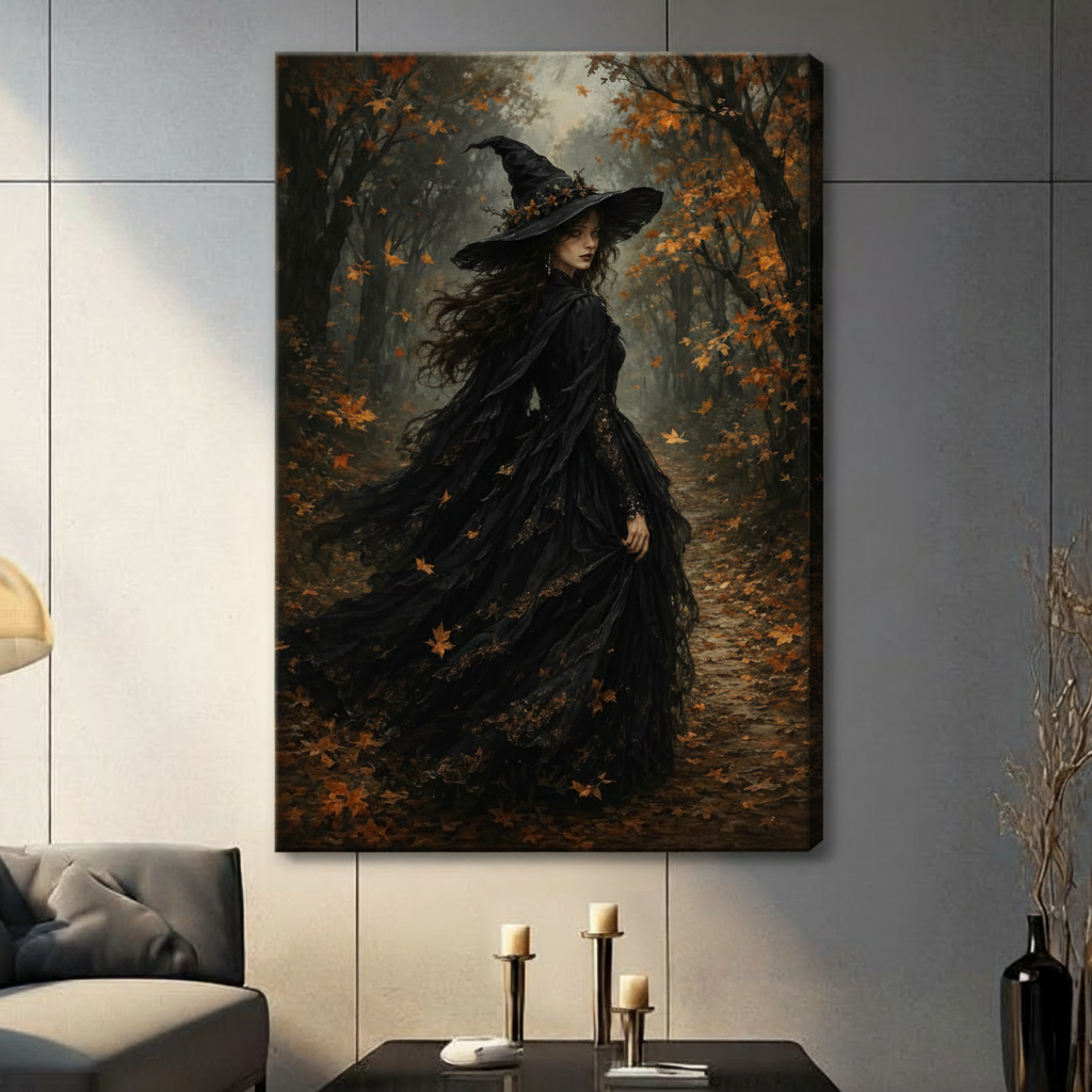 Atmospheric oil painting of a dark-haired witch with windswept curls wearing a tall black witch hat and layered black robe scattered with orange leaves drifting through a foggy autumn woodland with a glowing misty light between bare trees dark feminine Halloween wall art stretched canvas in a living room with light gray marble wall dark sofa candle holders and black vase