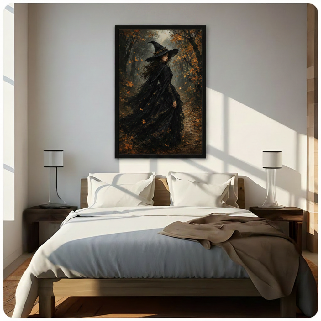 Enchanting dark romantic oil painting of a witch in a flowing black lace dress and wide-brimmed twig-wreath hat walking through a foggy amber forest path surrounded by scattered orange maple leaves and tall bare trees with misty backlight dark Halloween witch wall art framed print above a bedroom with white linen bedding dark wood bed frame and white table lamps