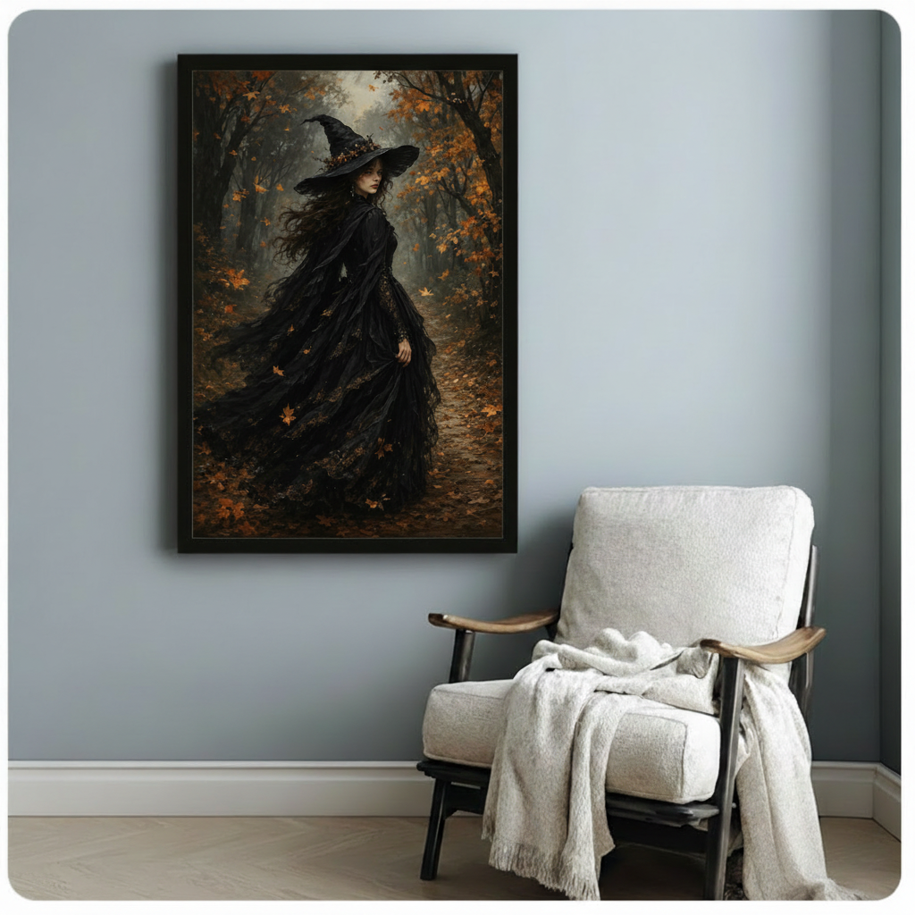 Moody dark romantic painting of a graceful witch in a billowing black lace gown and wide black hat with twig crown walking through an amber autumn forest path carpeted with red and orange maple leaves and framed by tall bare trees in misty light dark witchcore wall art framed print beside a white linen folding armchair with wood arms and a cream throw blanket on a blue gray wall