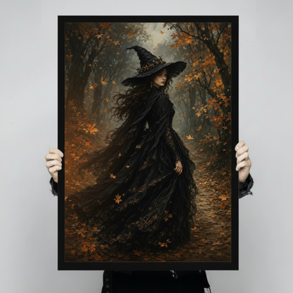 Gothic oil painting of a mysterious witch with flowing black hair and a twig-adorned wide-brimmed hat striding through a misty autumn forest in a dramatic layered black gown with golden orange leaves swirling at her feet dark autumn witch wall art framed print held against a light gray background