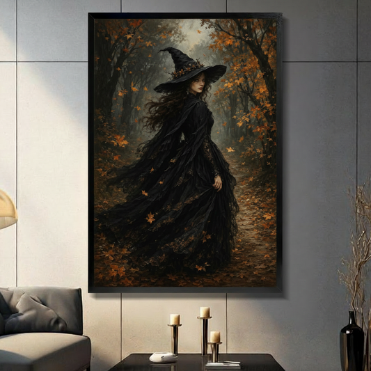 Dark romantic oil painting of a mysterious witch in a wide-brimmed black hat adorned with a dried twig wreath walking along a misty autumn forest path in a flowing black lace gown with orange maple leaves swirling around her dark witchcore wall art framed print in a living room with light gray marble wall dark sofa candle holders and black vase
