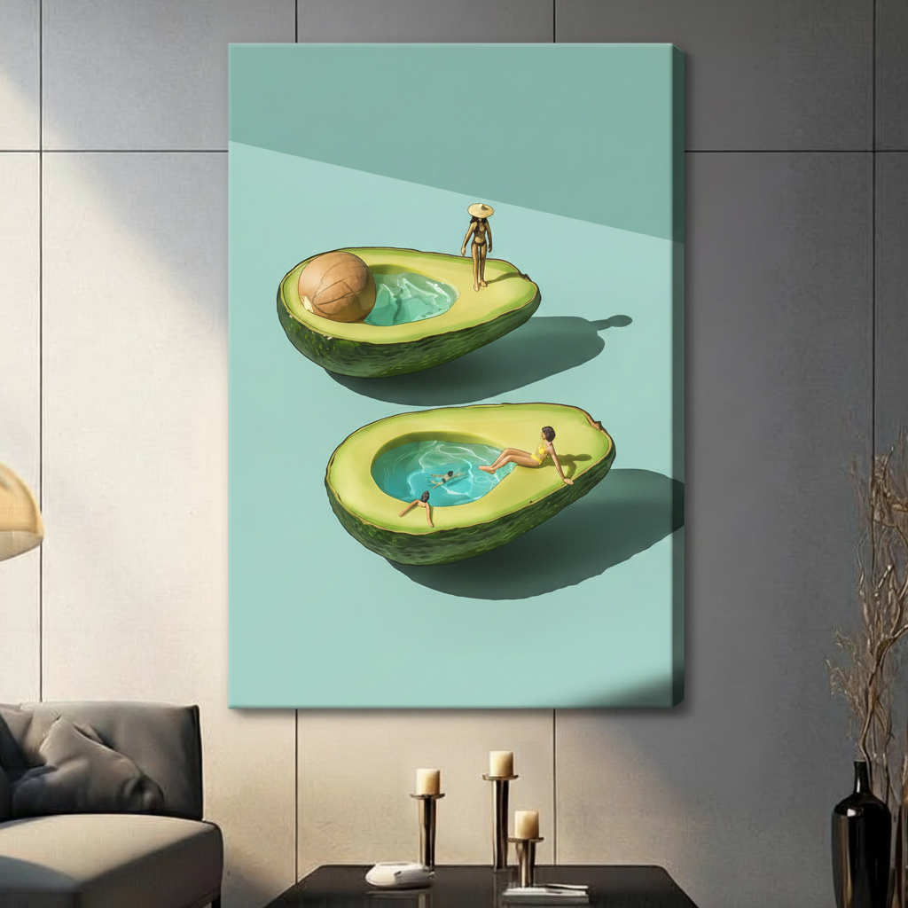 Unframed canvas wall art of miniature swimmers inside avocado pool halves on teal background – large format display on grey wall