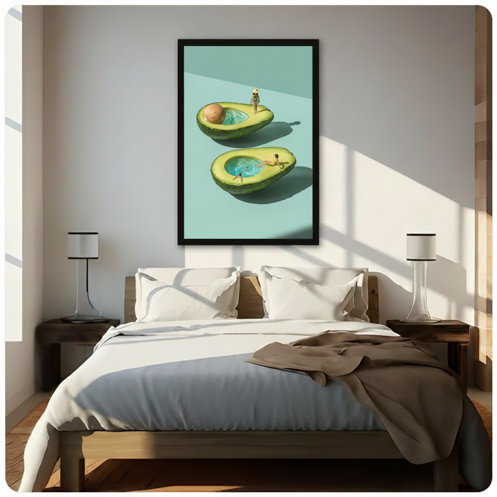 Avocado swimming pool framed canvas art above bed – tiny figures relaxing in halved avocados on mint green background, bright modern bedroom mockup
