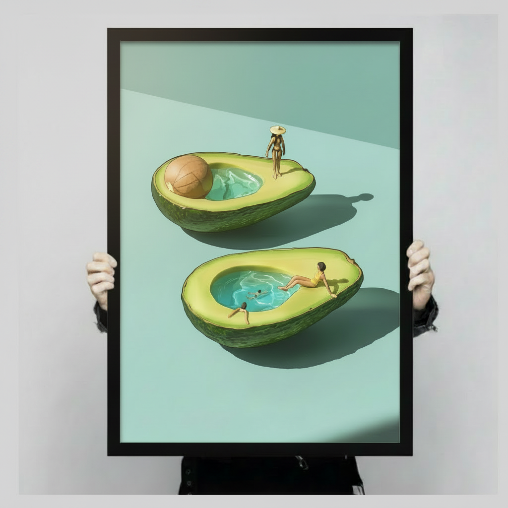 Surreal avocado pool wall art – miniature sunbather standing on avocado half with swimmers inside, black framed print hand-held close-up display