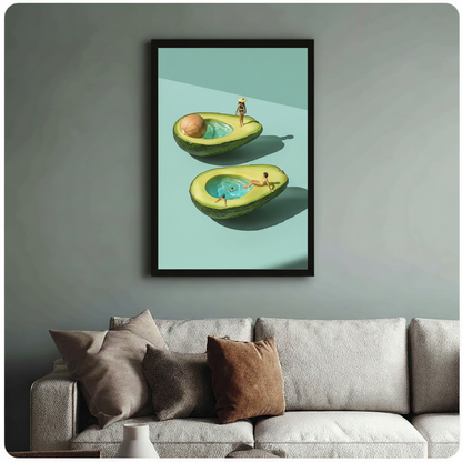 Surreal avocado pool art print in black frame on sage green wall – miniature people swimming in avocado halves, styled above neutral linen sofa