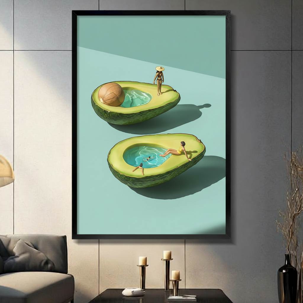 Black framed avocado pool surreal print with tiny sunbather and swimmers on mint green background – contemporary grey wall gallery display