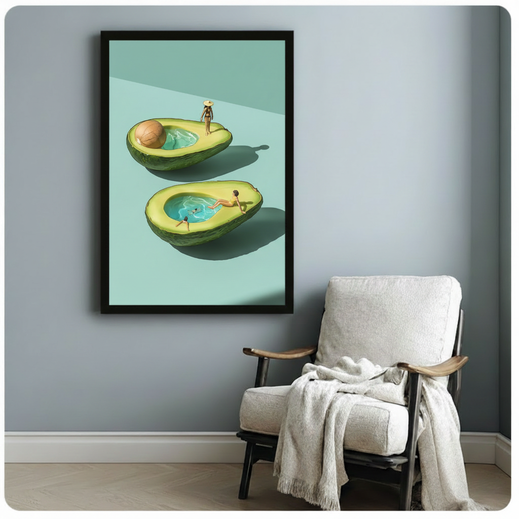Surreal avocado swimming pool canvas in black frame – whimsical miniature figures sunbathing and swimming in avocado halves, dark grey wall interior mockup