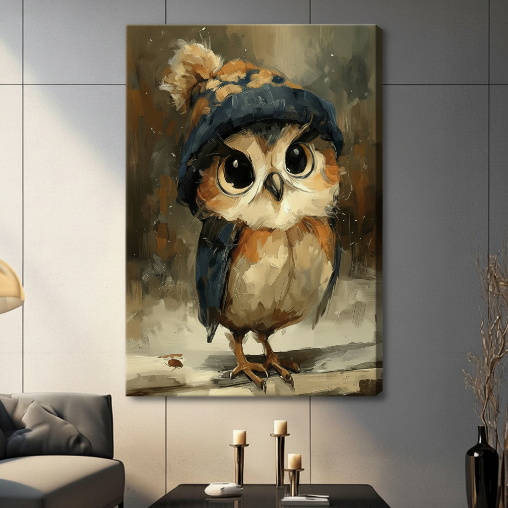 Atmospheric vintage-style oil painting of a small chubby baby owl standing front-facing with wide round golden-brown eyes and a serious slightly confused expression wearing a deep navy blue knit wool beanie hat brim pulled down to its brow line topped with a large fluffy warm brown pom-pom its feathers rendered in rich warm tones of russet brown amber and orange fading to a soft cream-white belly and chest with wings held tight to its compact round body perching on a snowy ground surface with a faint small 