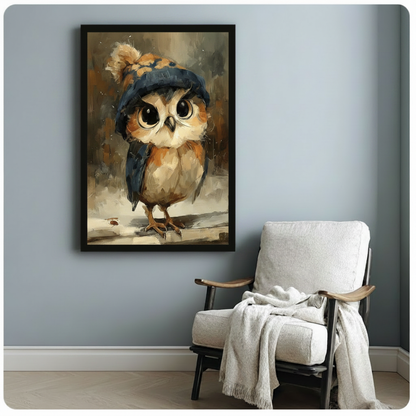 Charming vintage oil painting of a tiny fluffy baby owl in a full-body upright pose looking directly forward with oversized expressive round eyes in warm amber-gold and black wearing a slouchy dark navy blue knitted beanie hat with a thick golden brown fluffy pom-pom ball on top hat brim pulled low over its eyes its plumage detailed in warm brown burnt orange and chestnut tones with a soft white feathered chest and belly wings neatly folded at its sides small sharp talons gripping a light snowy surface with
