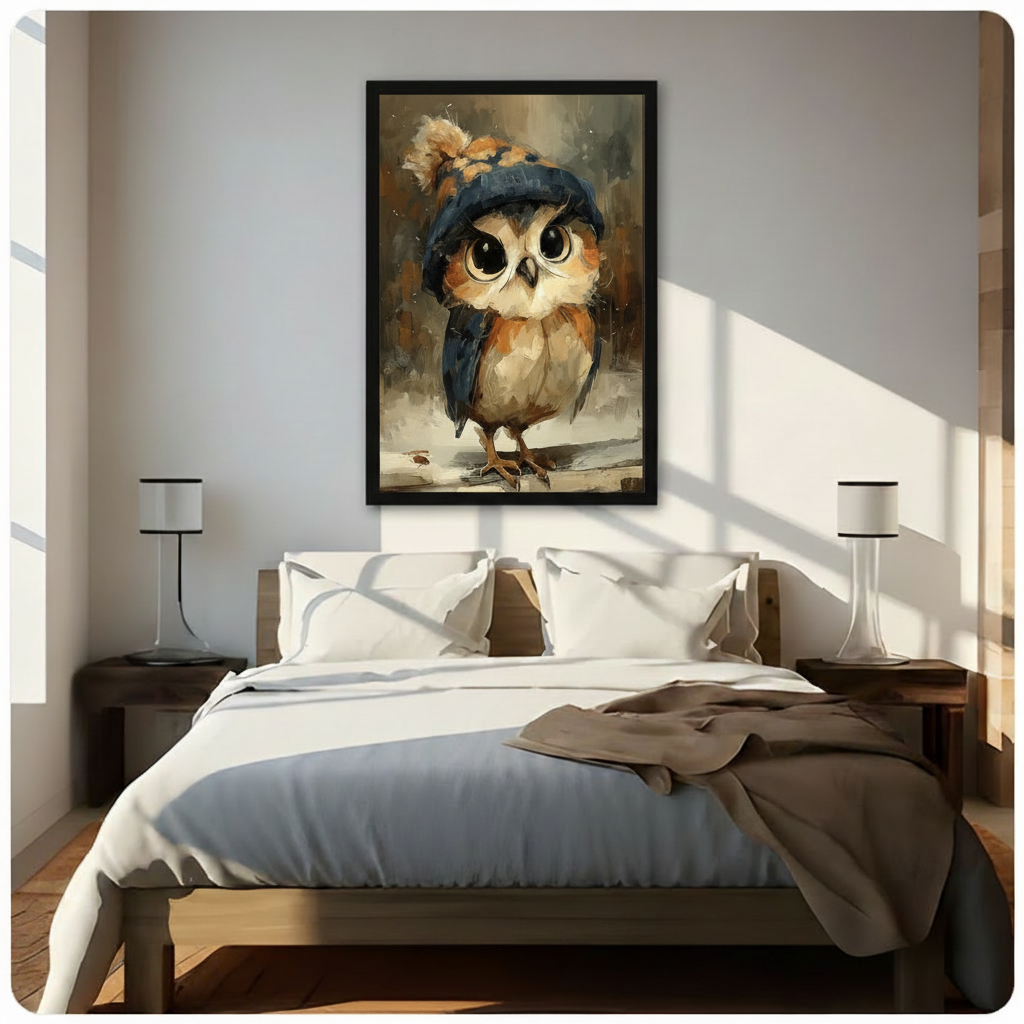 Sweet vintage oil painting of an endearing small baby owl standing straight up and facing the viewer with big round wide-open amber-brown eyes and a quietly serious expression wearing a dark navy blue hand-knit wool beanie pulled snugly down over its forehead with a large fluffy warm golden-tan pom-pom topping the hat its warm brown orange and chestnut feathers beautifully detailed with thick oil paint brushwork and a soft creamy white chest and belly wings held close to its plump round body tiny clawed fee