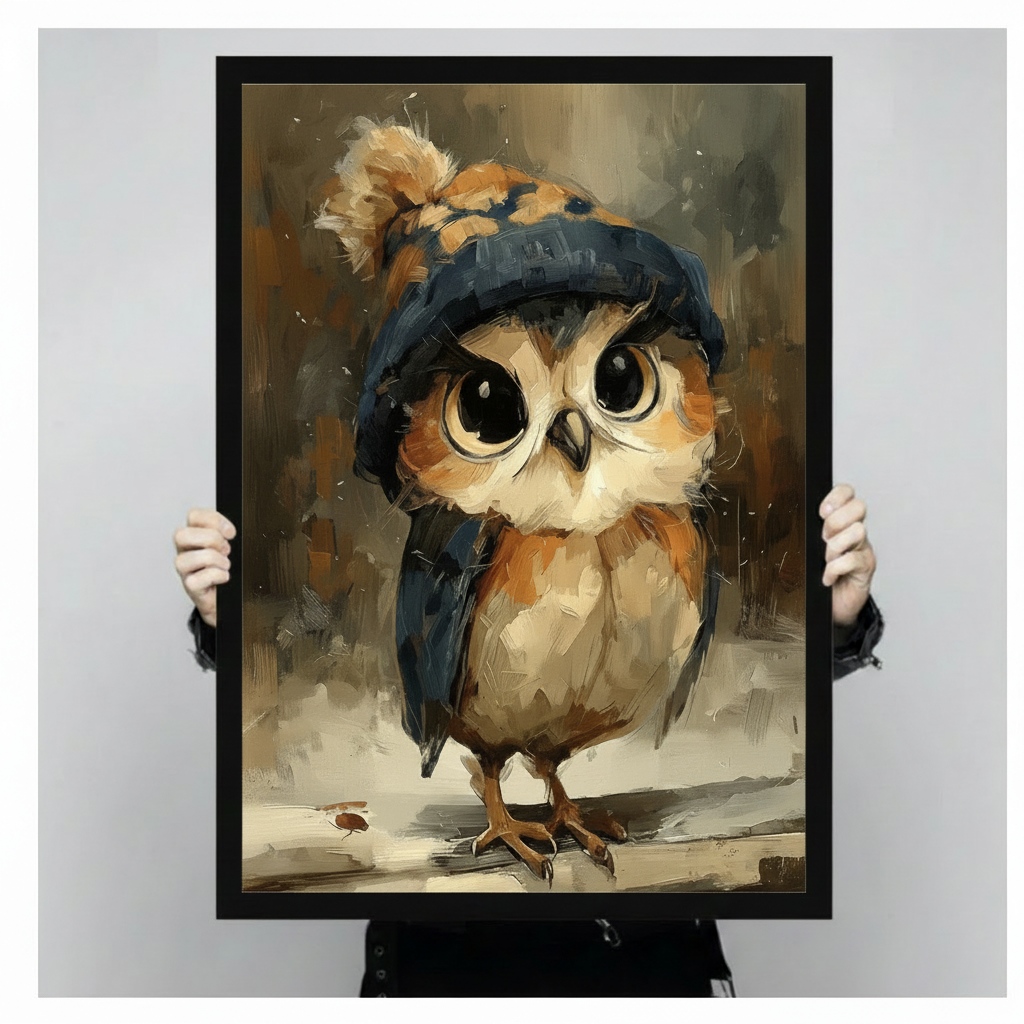 Bold vintage oil painting art print of a round chubby baby owl standing full body facing front with large wide amber-brown round eyes and an earnest puzzled expression wearing a dark navy blue knit wool beanie hat with the brim pulled down low over the brow and a big fluffy golden-brown pom-pom at the top warm russet brown orange and amber feathers covering its round body with a creamy white chest and belly wings tucked tightly to its sides thin taloned feet standing on a snow-dusted surface with a small ti
