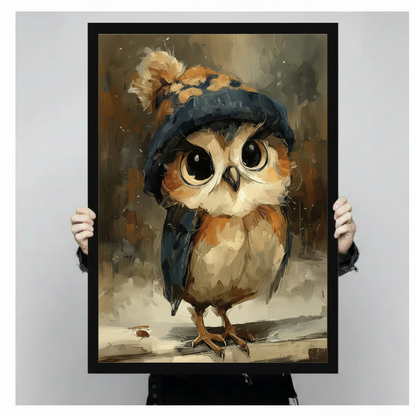 Bold vintage oil painting art print of a round chubby baby owl standing full body facing front with large wide amber-brown round eyes and an earnest puzzled expression wearing a dark navy blue knit wool beanie hat with the brim pulled down low over the brow and a big fluffy golden-brown pom-pom at the top warm russet brown orange and amber feathers covering its round body with a creamy white chest and belly wings tucked tightly to its sides thin taloned feet standing on a snow-dusted surface with a small ti