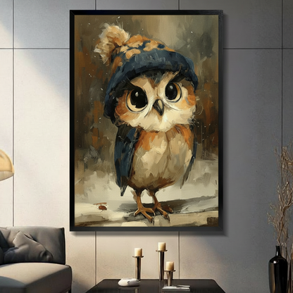Vintage oil painting of an adorable round baby owl standing upright facing forward with large expressive round eyes featuring warm amber-brown irises and deep black pupils wearing a dark navy blue knitted wool beanie hat pulled low over its forehead with a fluffy golden-brown pom-pom on top its soft warm brown and orange-toned feathers blending into a cream-white chest and belly wings tucked closely to its round body standing on thin taloned feet on a snowy surface with a tiny insect visible near the ground