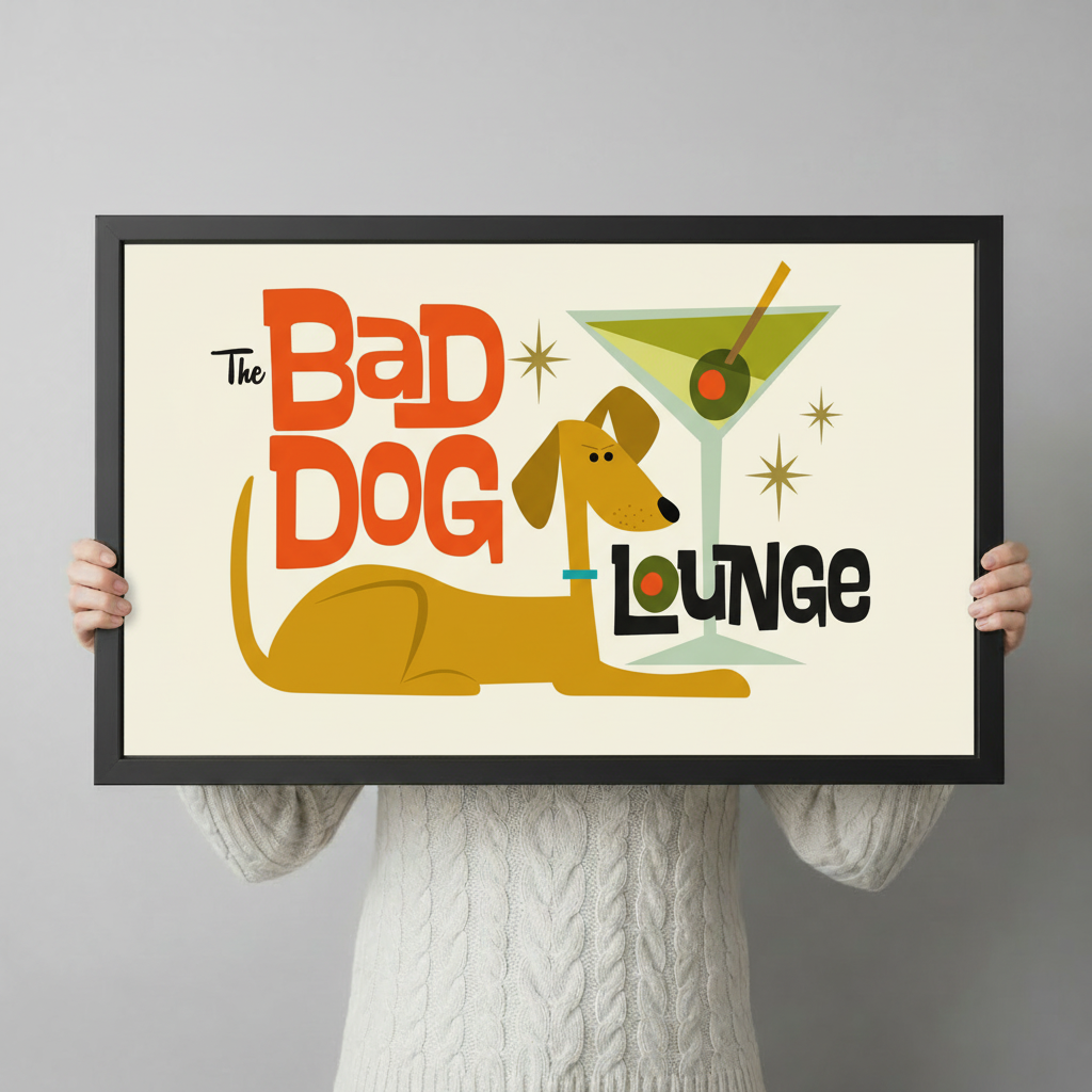 Person in white cable-knit sweater holding The Bad Dog Lounge retro dog bar framed art print showing size reference against grey background