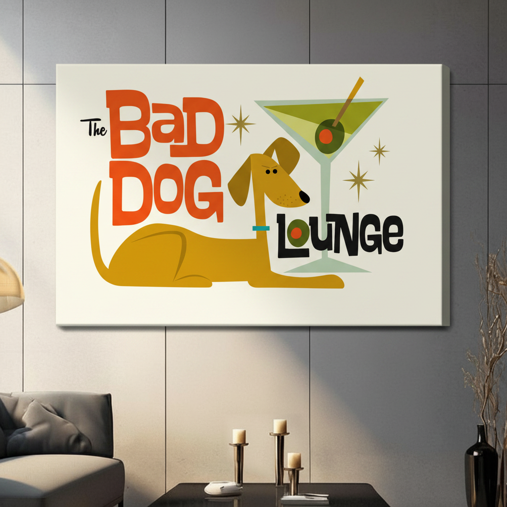 The Bad Dog Lounge vintage-style gallery wrap canvas print with dachshund and martini glass hanging on grey wall in modern living space