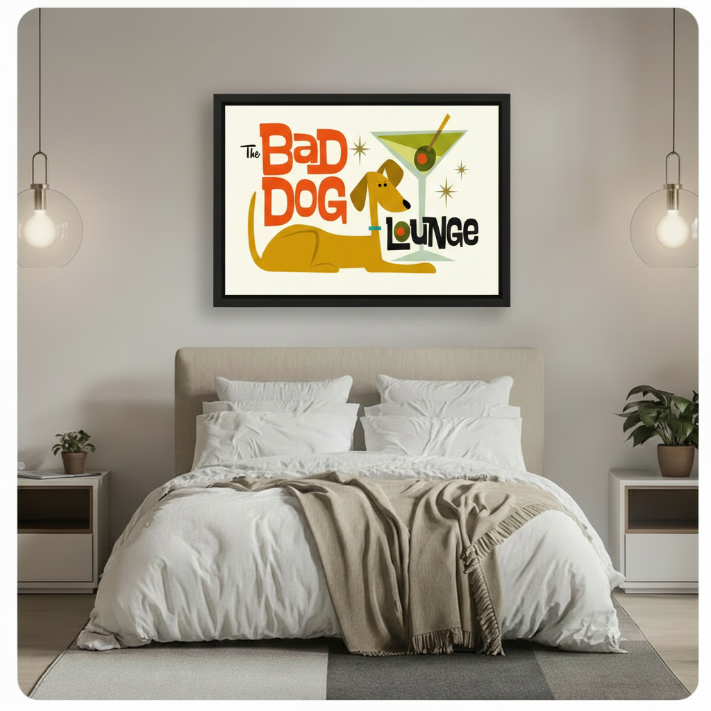 The Bad Dog Lounge mid-century modern dog and martini framed canvas wall art above white bed in neutral bedroom with glass pendant lights