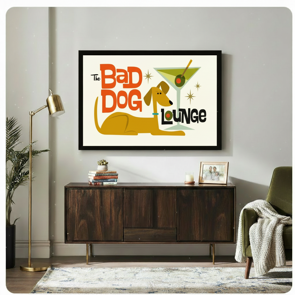 The Bad Dog Lounge retro bar art framed canvas above dark walnut sideboard in mid-century modern living room with gold floor lamp and green armchair